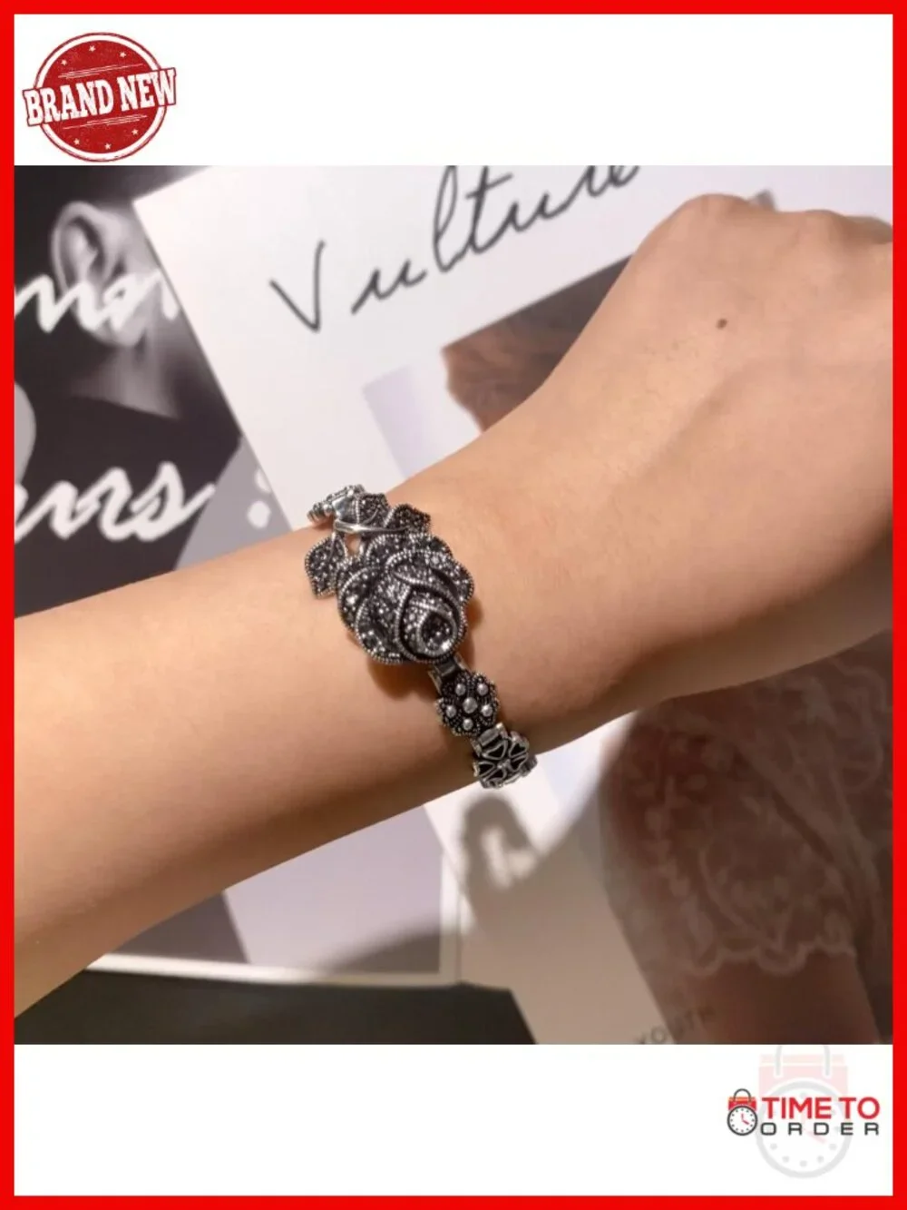 Vintage Black Onyx Marcasite Rose Bangle Bracelet Silver Chain Link